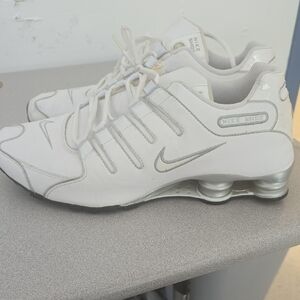 Nike White and Metallic Silver Shox Sneakers